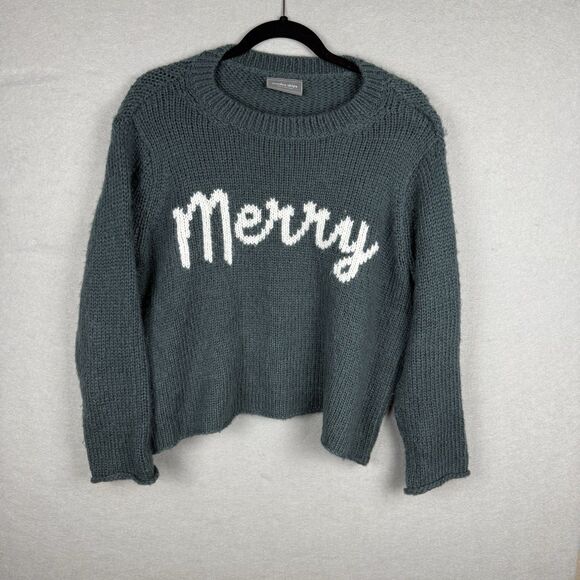 Wooden Ships Merry Crew Sweater Size S Mohair Wool Christmas Holiday Green - Picture 1 of 6